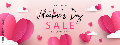 Valentine’s Day modern minimalistic design template for Website, greeting or Sale banner, flyer, poster in paper cut style with cute flying Origami Hearts over clouds in the sky. Digital craft style