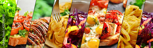 Assortment of vegetarian dishes. Food collage. Food close up. Vegetables, pasta, potatoes, bruschetta, salad. Variety of food.