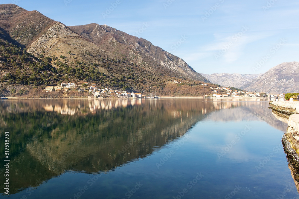 Montenegro, Kotor Bay, reflection of the city in the sea
