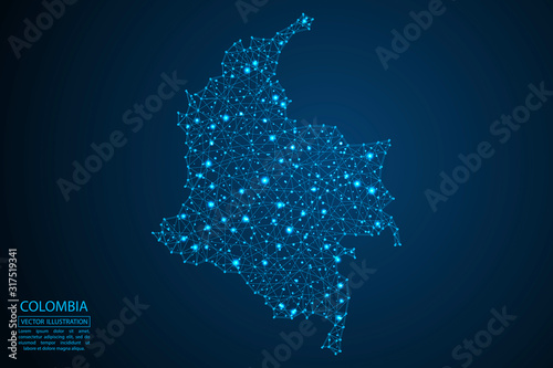 A map of Colombia consisting of 3D triangles, lines, points, and connections. Vector illustration of the EPS 10.