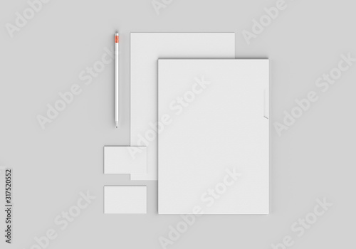 Base white stationery mockup template for branding identity on gray background for graphic designers presentations and portfolios. 3D rendering.