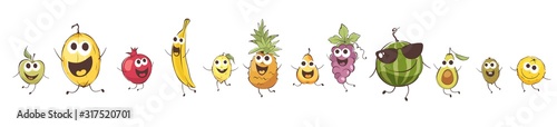 Funny cartoon fruits. Set vector illustrations with comic food.