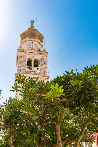 bell tower of Cathedral of the Assumption of the Blessed Virgin Mary in Krk Town. Krk Island, Croatia