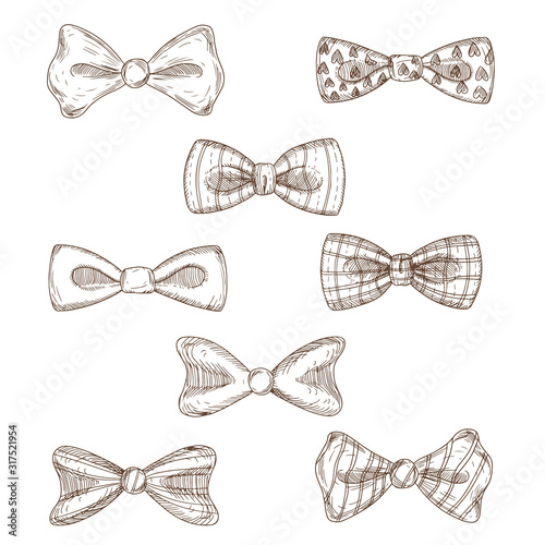 Classic elegant bow ties hand drawn illustrations set