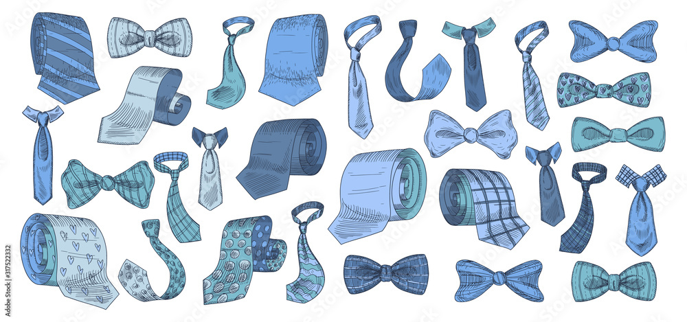 Obraz premium Stylish monochrome neckwear items hand drawn icon illustrations set blue color