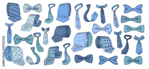 Stylish monochrome neckwear items hand drawn icon illustrations set blue color