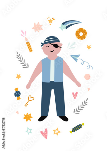 Pirate vector card with decorative elements. Cute boy and different doodle objects on white background. Happy Birthday celebration template