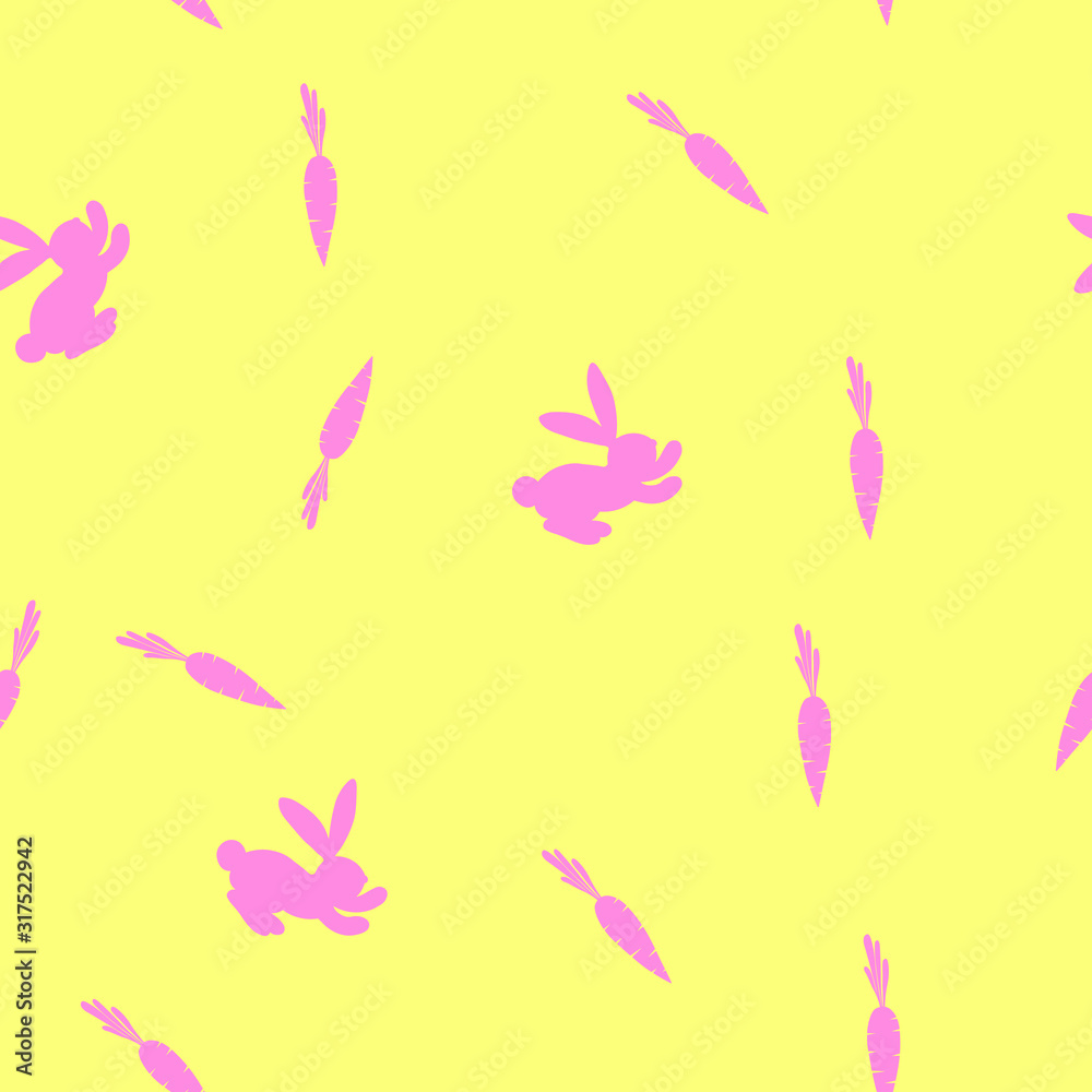 Seamless pattern with silhouette Easter pink rabbits and carrot on yellow background. Design for card, postcard, wallpaper, posters. Vector stock illustration. Cartoon style. 