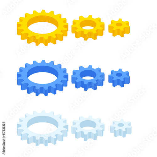 Isometric ste of gears and cogs isolated on white.