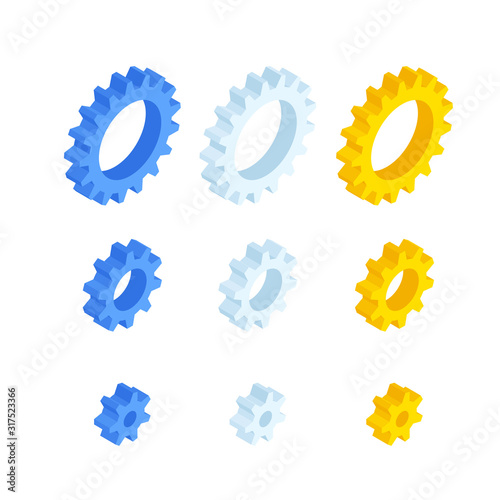 Isometric ste of gears and cogs isolated on white.