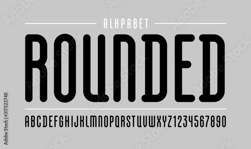 High font, rounded condensed alphabet sans serif, long black letters and numbers, for your designs: logo, t shirt, card, poster