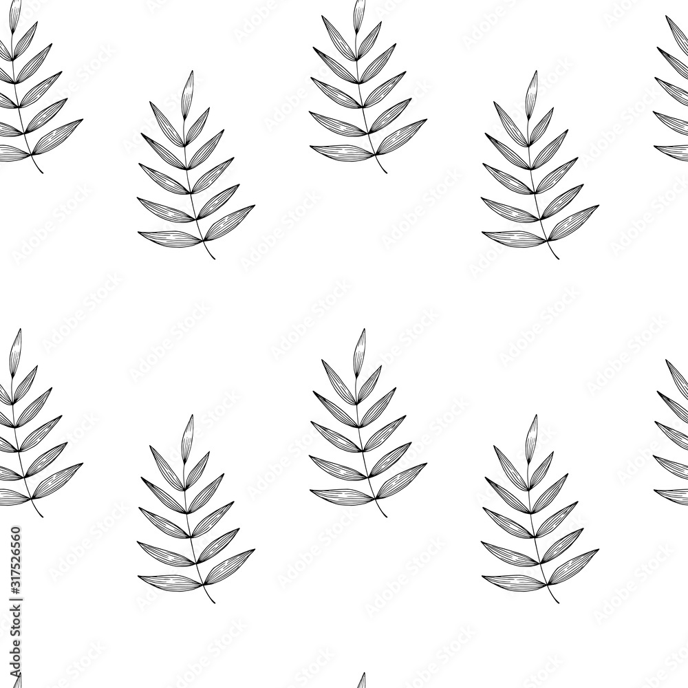 Floral seamless pattern with branches on white background. Ornament with tropic leaves. Vector illustration for fabric, textile, wallpaper, posters, paper. fashion print. Doodle style. 