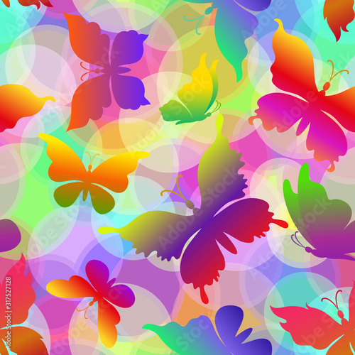 Seamless Pattern  Exotic Butterflies Colorful Silhouettes on Abstract Tile Background with Circles. Vector