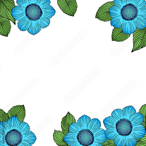 Holiday floral white background with blue flowers and green leaves. Tropic ornament. Vector illustration for card  postcard  wallpaper  posters  paper. Fashion print. Doodle style. Copy space.