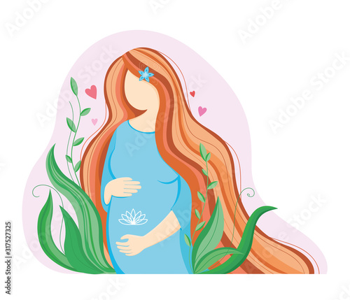 Pregnant happy woman with a baby in her belly  greenery around  cartoon character  pretty lady with love to her motherhood. Poster in hospital  maternity home  birthing center  Mother s Day card