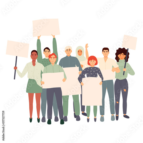 Men and women taking part in political meeting, parade or rally. 