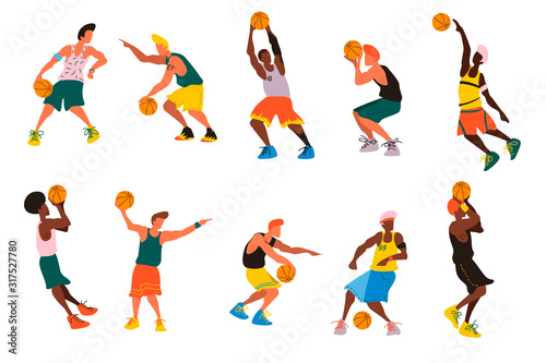 Set of basketball player, dunk, shoot, competition, match, hoop and more.