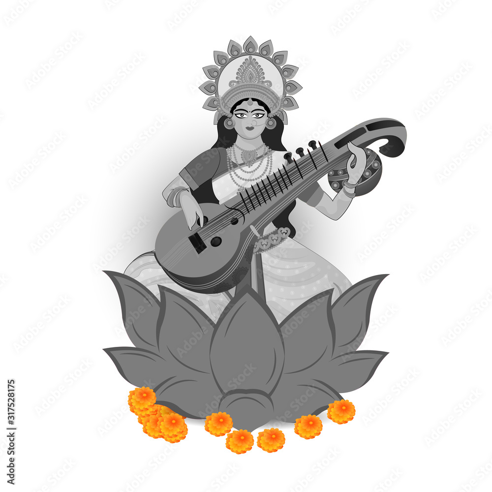 Black & White Illustration of wisdom goddess Maa Saraswati. 