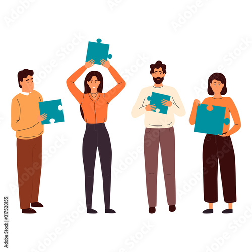 Team metaphor. people holding puzzles
