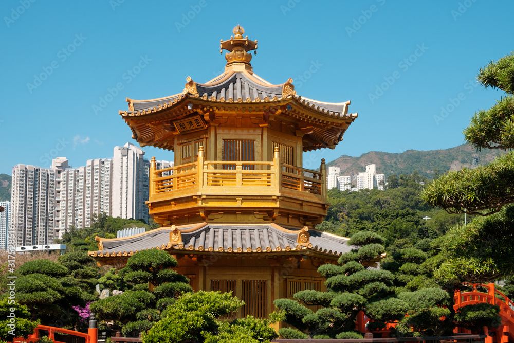 The golden Pavilion of Absolute Perfection in Nan Lian Garden, Chi Lin Nunnery in Hong Kong The golden Pavilion of Absolute Perfection in Nan Lian Garden, Chi Lin Nunnery in Hong Kong