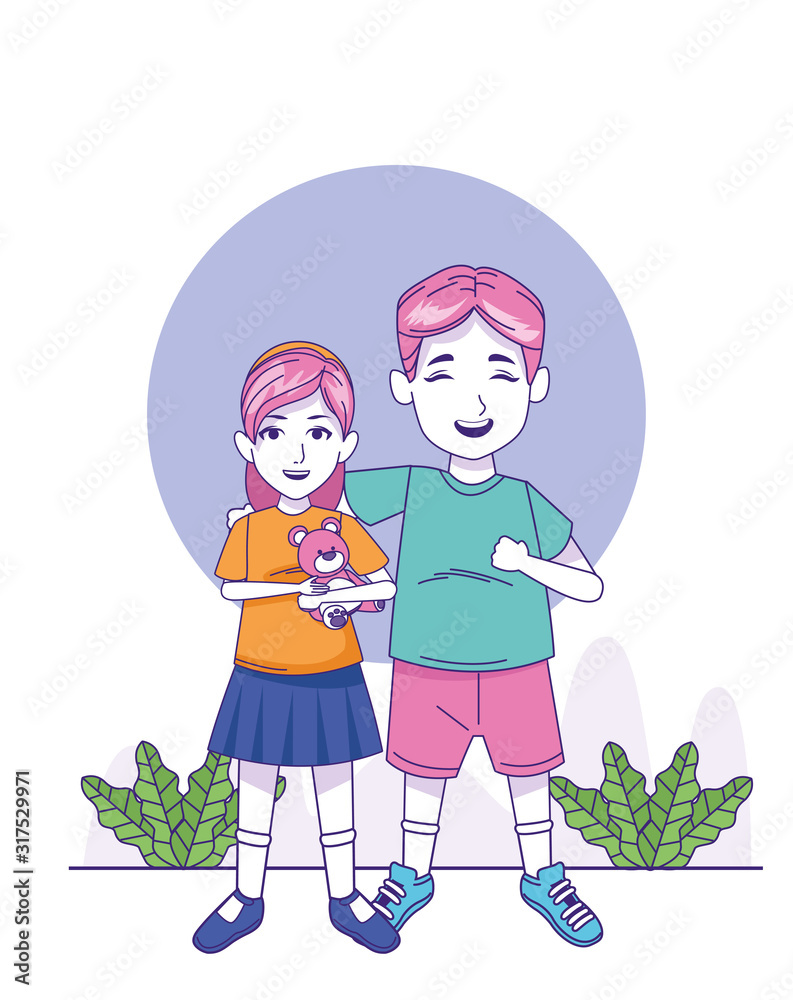little girl and boy standing, colorful design little girl and boy standing, colorful design