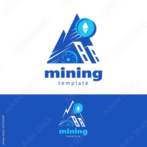 Mining logo crypto graphic card, mountain pick and cryptocurrency ehtereum blue color