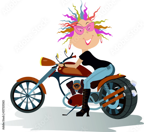 Cartoon biker woman illustration. Biker, motorcycle, boot, women, seductive women isolated on white