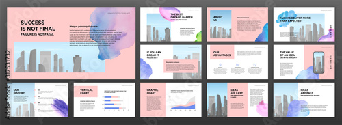 Modern powerpoint presentation templates set for business with colourful watercolour blots and cityscape illustration on background. Artistic keynote template, landing page, horizontal brochure cover photo