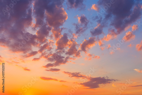 Fantastic beautiful dramatic sunset sky with clouds. Free space. 