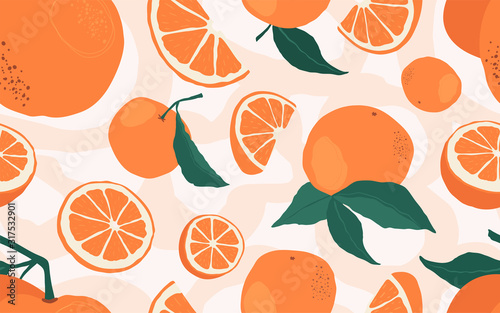 Seamless pattern with branches of oranges on a beige background. A modern bright repeated background with citrus in flat style. Vector stock illustration