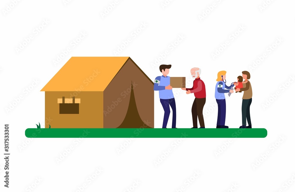 humanitarian aid help people from disaster, volunteer giving food and medical assistance in cartoon flat illustration vector humanitarian aid help people from disaster, volunteer giving food and medical assistance in cartoon flat illustration vector
