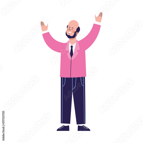 cartoon businessman with arms up, colorful design