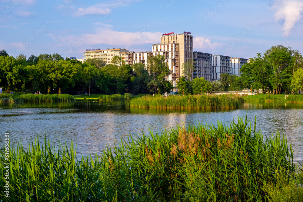 Panoramic view of the Sluzew district of Warsaw, Poland with its recreational green spaces and modernistic residential real estate projects