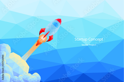Geometric polygonal rocket launched up to sky, Startup concept