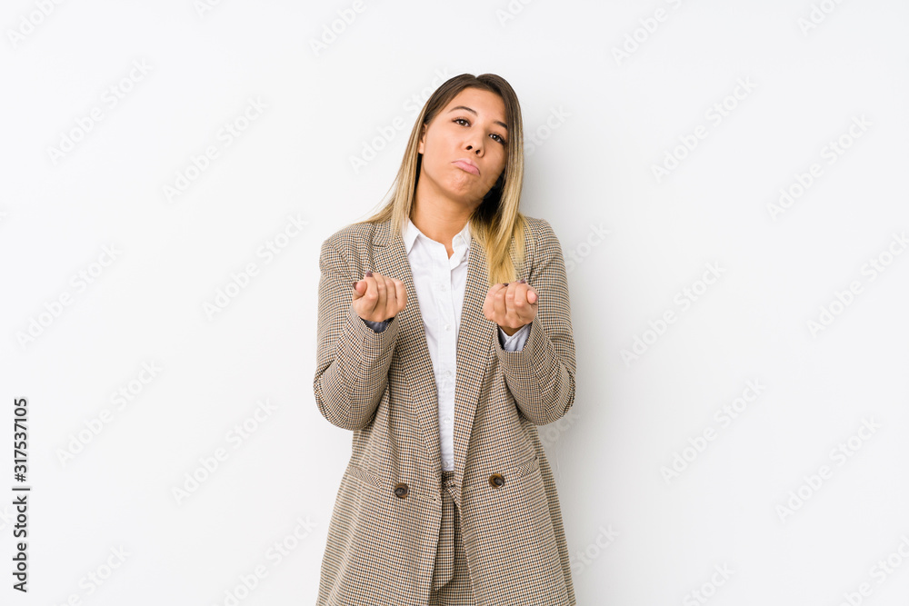 Young caucasian business woman isolated showing that she has no money.