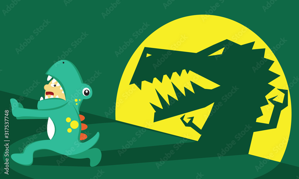 Illustration vector graphic of boy cartoon character wear dinosaur costume,  afraid, fear and running from his own shadow. Good for children and  educational product. Stock Vector | Adobe Stock