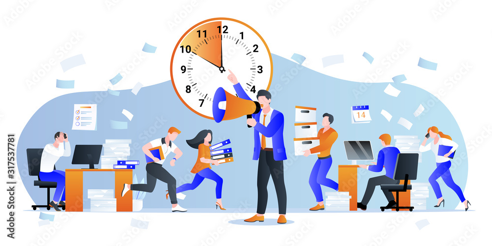 Deadline and overtime working concept. Vector illustration. Manager pressures office employees. time management problems
