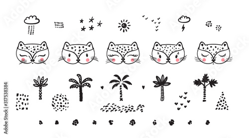Little Cute Leopard Cats with Palm trees, spots and nature design elements Vector Set. Doodle kitten face. Cat head. Cartoon Animal Vector illustration in Scandinavian style