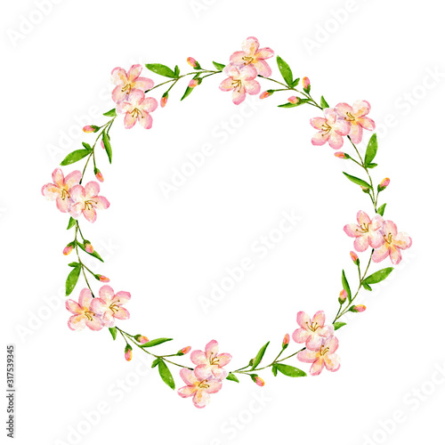 Cherry blossom wreath. Watercolor flowers background. Delicate spring illustration isolated on the white background with copyspace. Perfect for the wedding invitation, valentines cad, Easter card. 