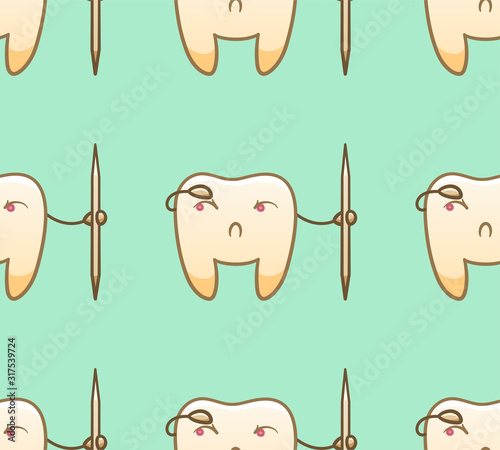 Cartoon teeth with toothpicks seamless pattern for International Dentist Day
