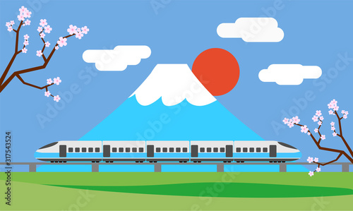 High speed train or Bullet train run pass Mt.Fuji and green tea field in foreground with cherry blossom or sakura flower on both side