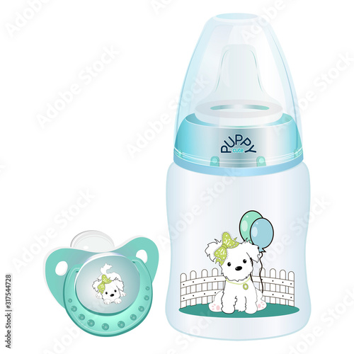 bottle and nipple for babies with a cute white puppy
