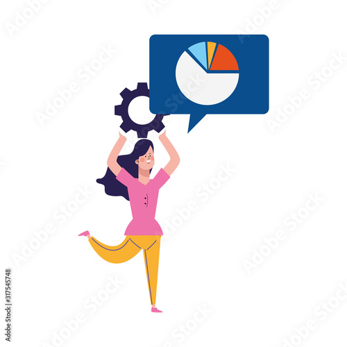 happy woman with gear wheel and speech bubble with graphic pie chart, colorful design