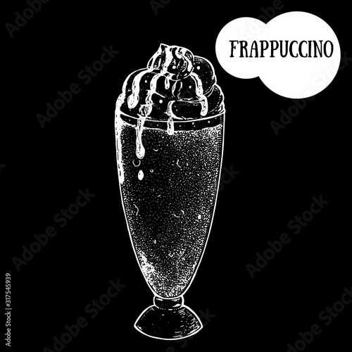 Frappuccino coffee cup sketch. Hand drawn illustration. Engraved vector illustration. Frappuccino glass.