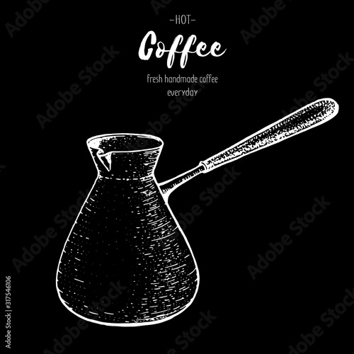 Coffee maker cezve hand drawn sketch. Vintage vector illustration.