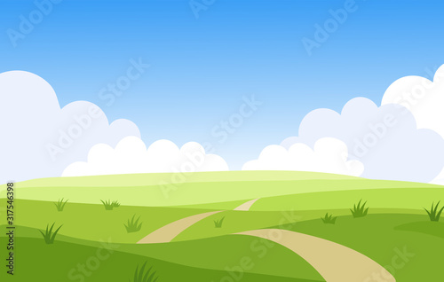 Beautiful summer grassy meadow landscape. Spring nature sunny day. Bright background with cloudy sky in the park  place for text. Cartoon vector illustration.