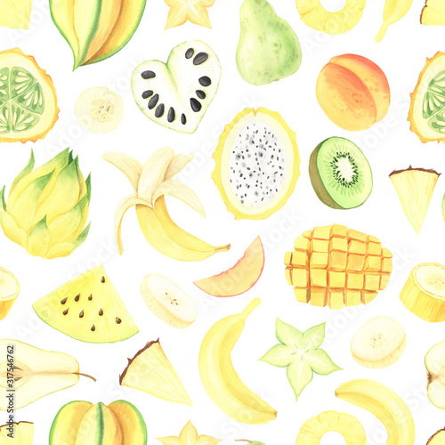 Seamless pattern with hand painted watercolor exotic summer fruit