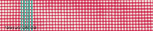 background red gingham kitchen towel with turquoise stripe. Banner background