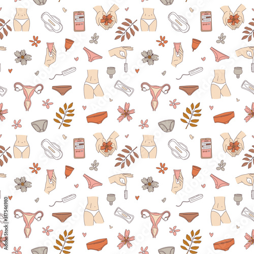 Women's menstruation periods seamless pattern: underpants, pads, tampons, menstrual cup