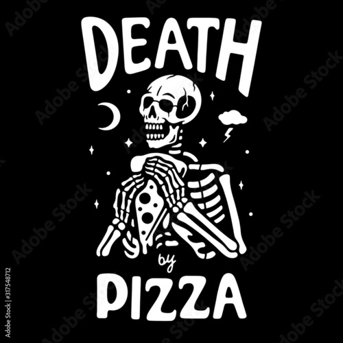 Skeleton with pizza text on black background